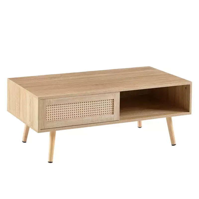 Table basse en osier avec portes coulissantes de rangement