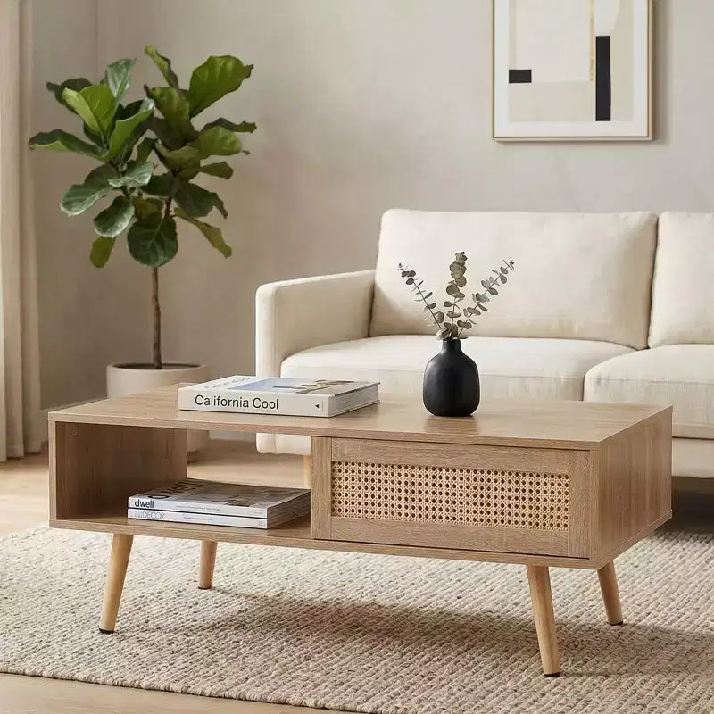 Table basse en osier avec portes coulissantes de rangement