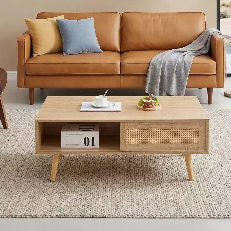 Table basse en osier avec portes coulissantes de rangement