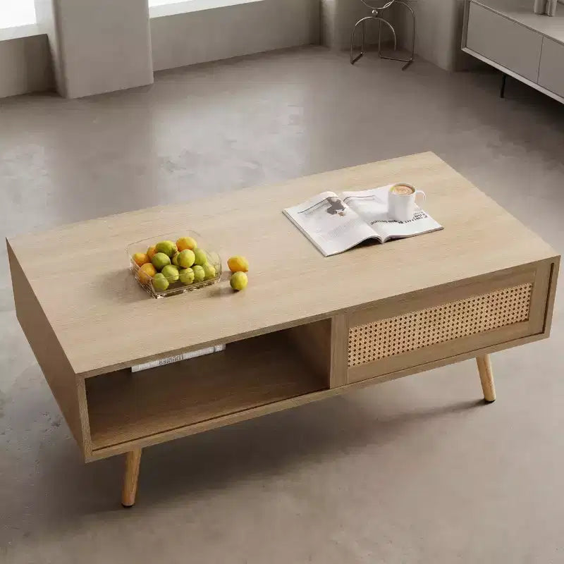 Table basse en osier avec portes coulissantes de rangement