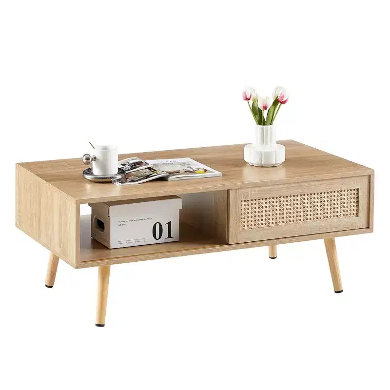 Table basse en osier avec portes coulissantes de rangement