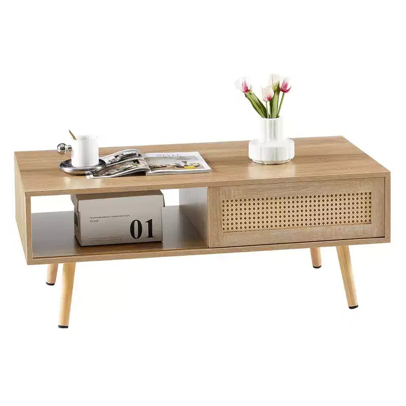 Table basse en osier avec portes coulissantes de rangement