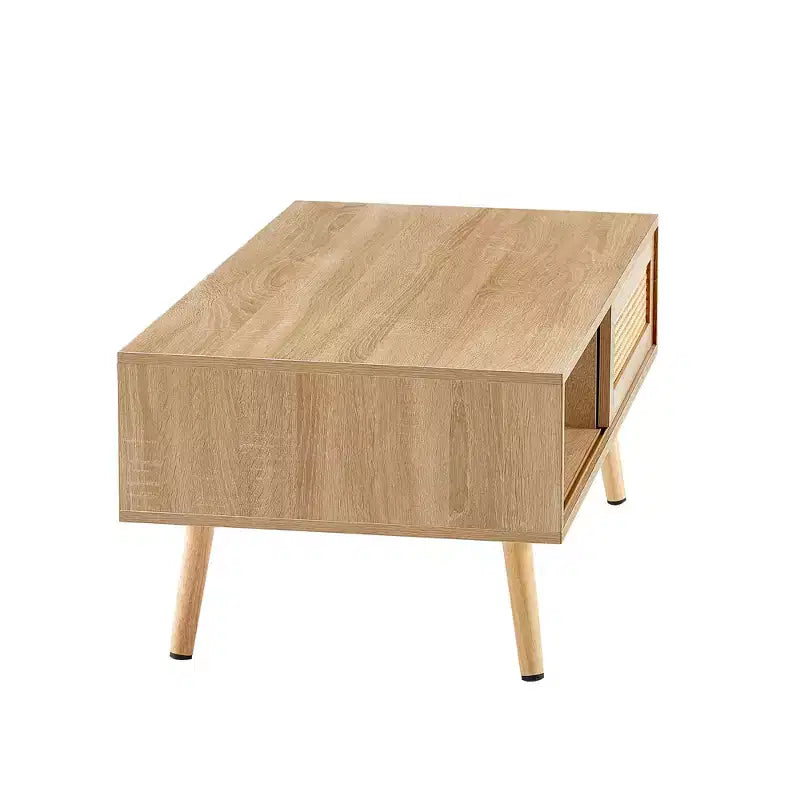Table basse en osier avec portes coulissantes de rangement