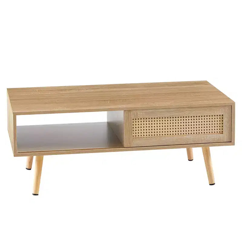 Table basse en osier avec portes coulissantes de rangement