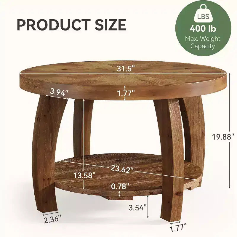 Table basse ronde en bois massif, table basse de rangement à double couche