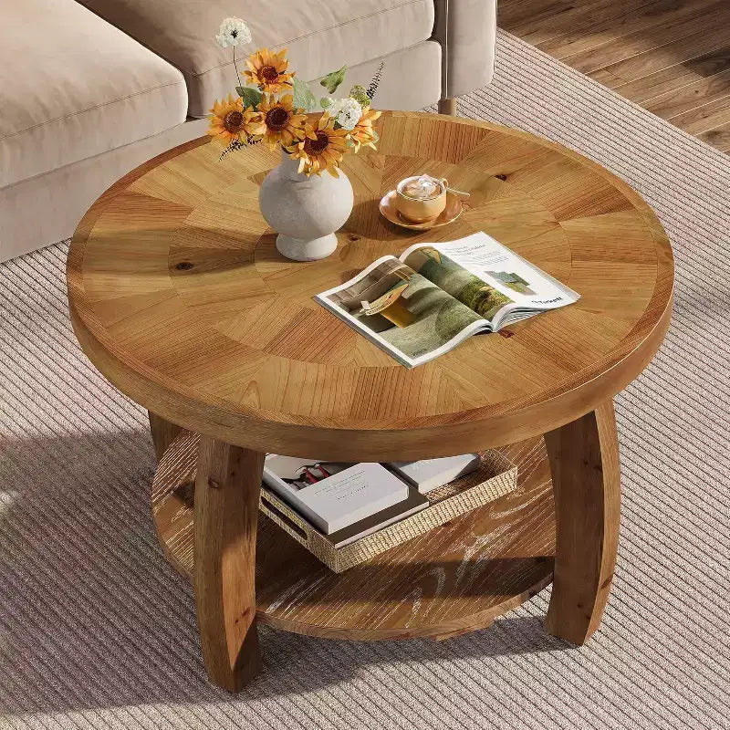 Table basse ronde en bois massif, table basse de rangement à double couche