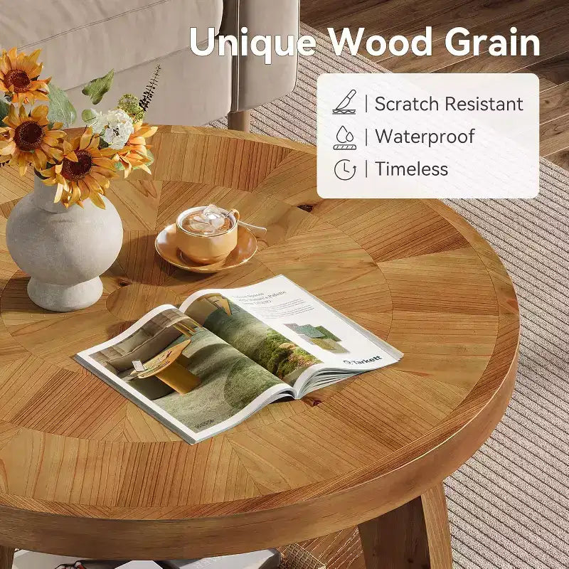 Table basse ronde en bois massif, table basse de rangement à double couche