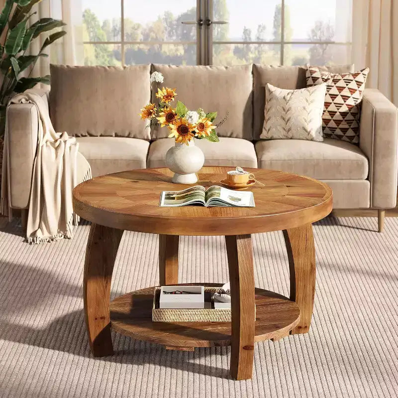 Table basse ronde en bois massif, table basse de rangement à double couche