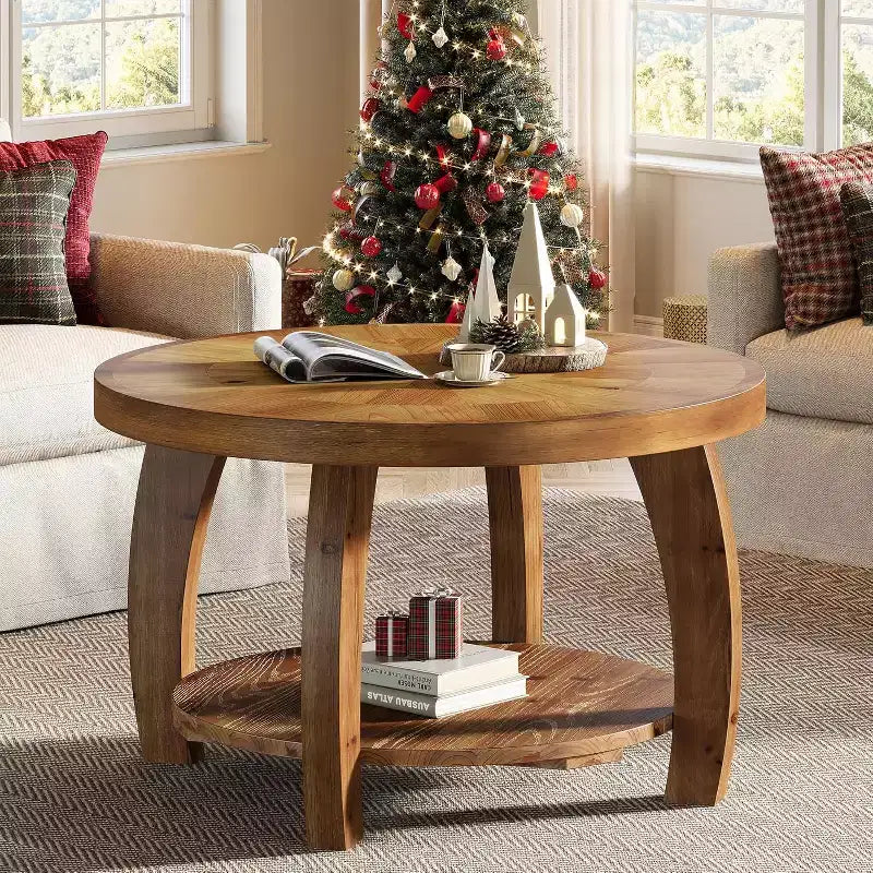 Table basse ronde en bois massif, table basse de rangement à double couche
