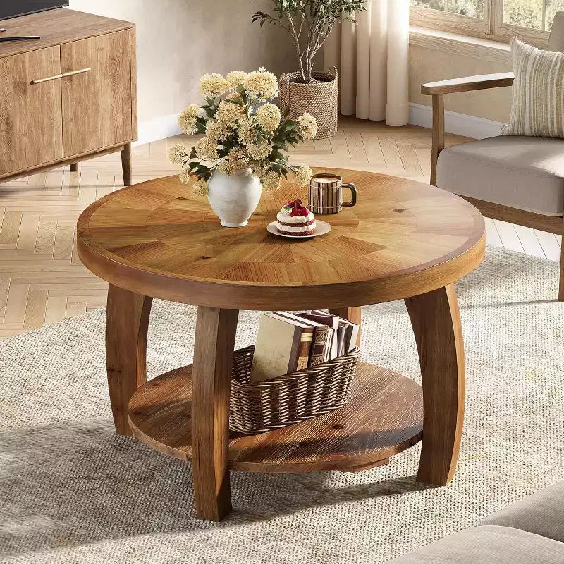 Table basse ronde en bois massif, table basse de rangement à double couche