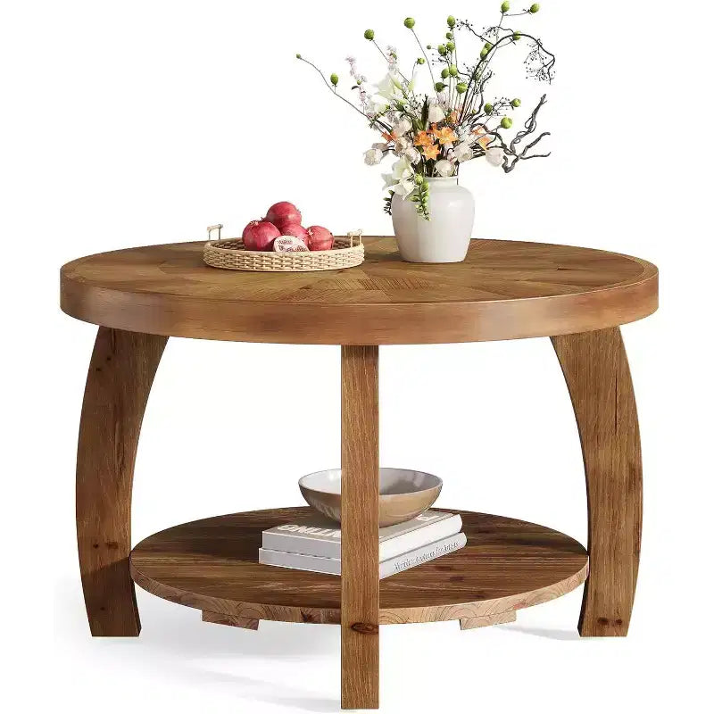 Table basse ronde en bois massif, table basse de rangement à double couche
