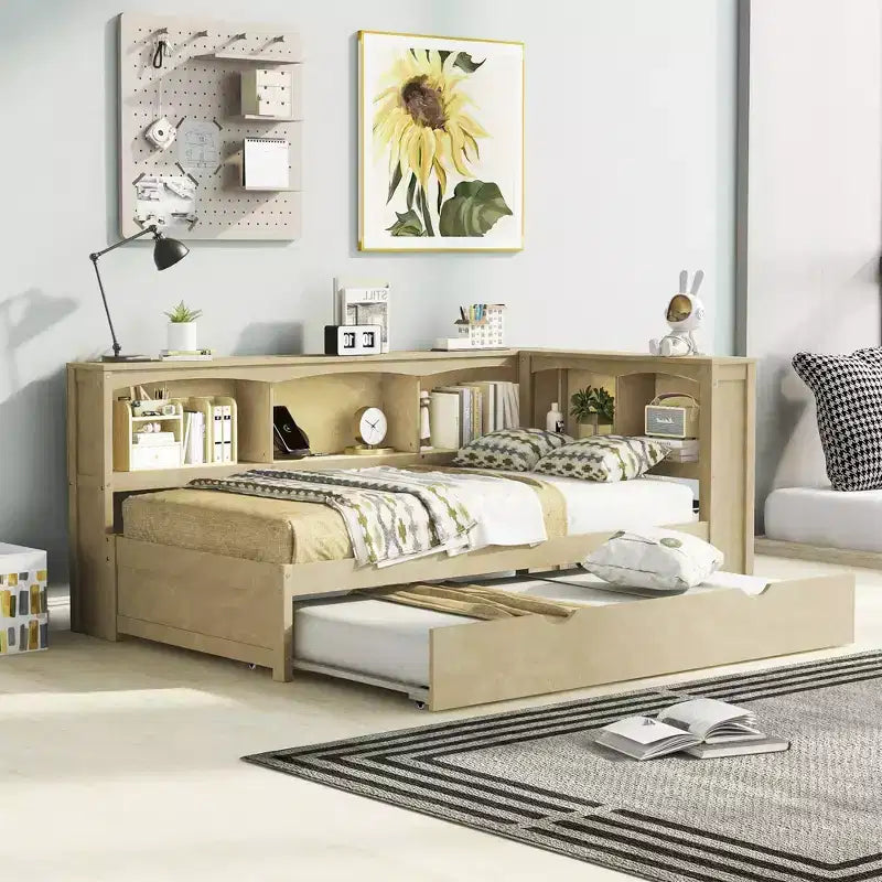 FAMYYT Twin Size Daybed With Space-saving Trundle, Storage Cabinets and USB Ports, Easy Assembly, Wood Color