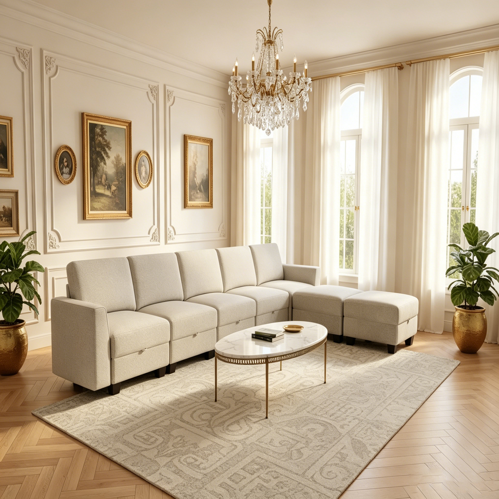 Canapé d'angle en velours côtelé avec poufs de rangement