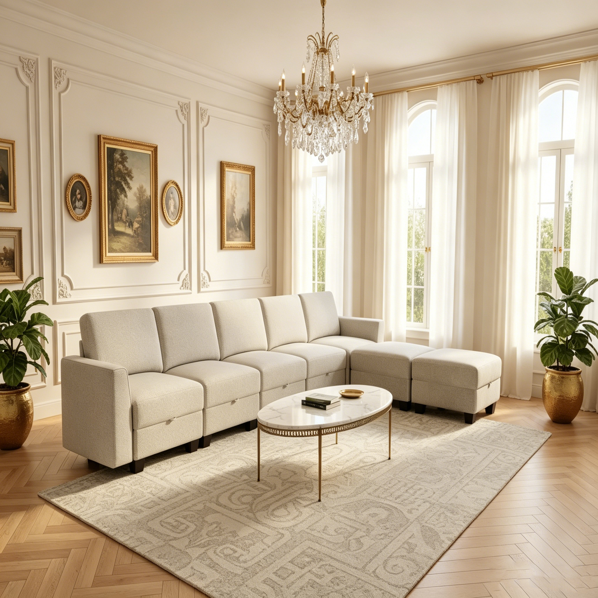Canapé d'angle en velours côtelé avec poufs de rangement